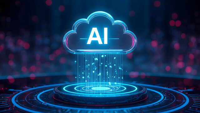 Artificial intelligence cloud computing concept, futuristic AI digital data storage, glowing blue neural network technology on dark background