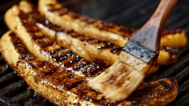 Grilled banana halves, sauce application