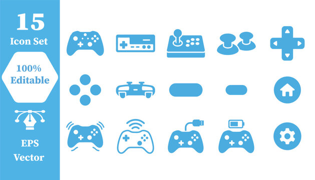 Gaming controllers and console accessory digital icon set with controller