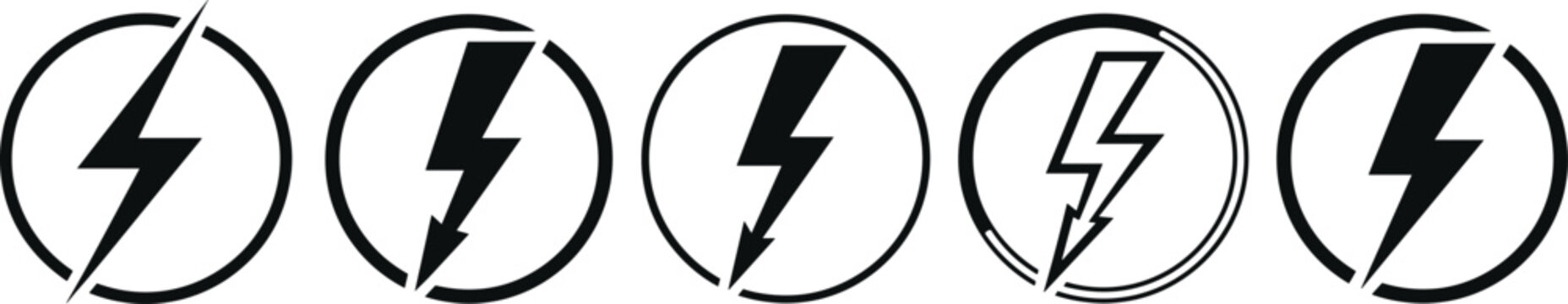 Lightning bolt icons in circle frames, electric flash and thunderbolt symbols for energy power and weather storm design, black line art vector