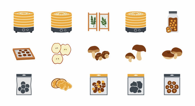 Set of food dehydrator equipment and dried fruits and mushrooms icons
