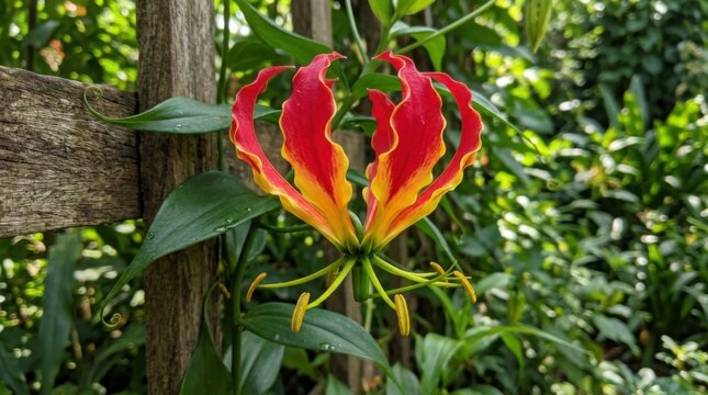 Close up view of pristine curly petals gloriosa superba flame lily blossom opening against lush green backyard foliage