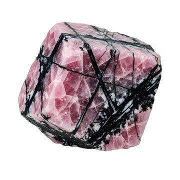 Pink rhodonite mineral specimen with black veins on transparent background with raw rhodonite