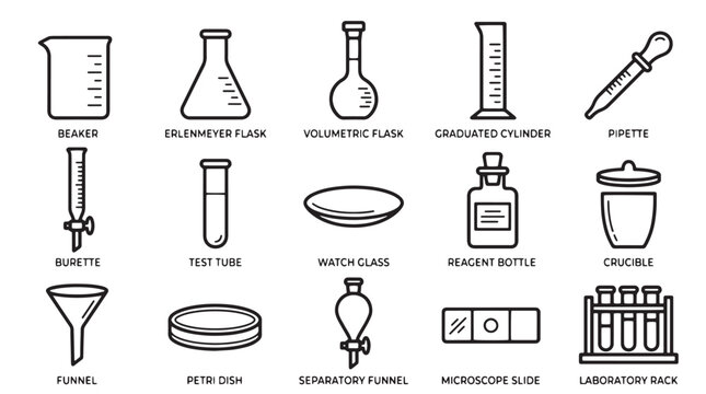 Laboratory glassware icon set, 15 chemistry equipment line vectors, scientific beaker and flask illustrations for research and education