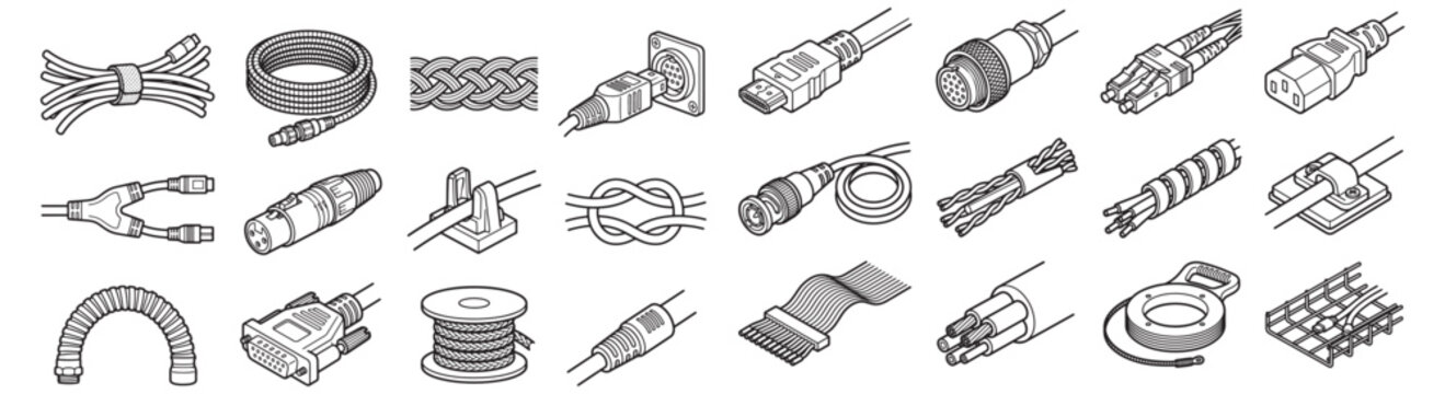 Collection of Cables, Connectors and Wires Illustrations Showing Power, Data and Audio-Video Components 