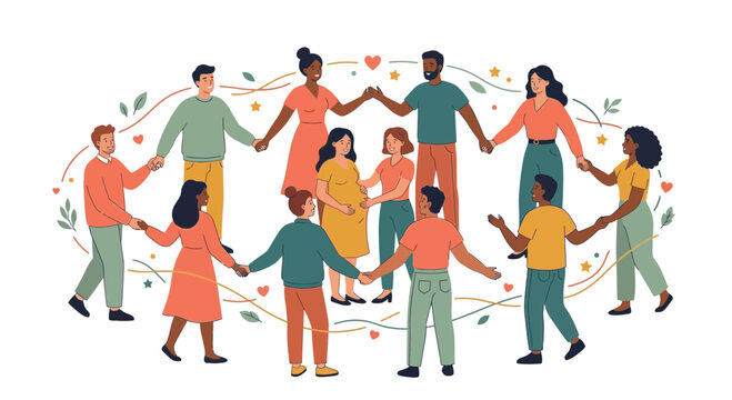 Diverse people holding hands in circle, celebrating unity, community, love, and diversity