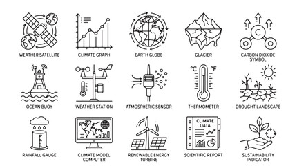 Climate change and meteorology line icons, 15 global warming and weather science vector elements, environmental sustainability and ecology symbols © Rosie