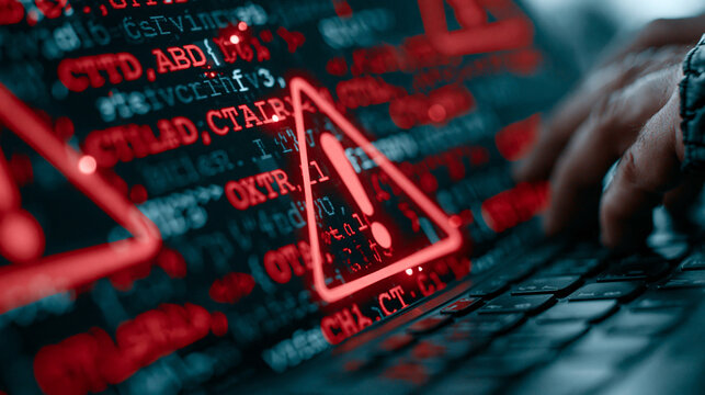 A close-up of a computer screen displaying red warning signs and code, indicating a cyber attack in progress. The dark background emphasizes the severity of the threat with ample copy space for text