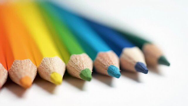 Close-Up Vibrant Back to School Colored Pencils Arranged in a Perfect Color Gradient on a White Background