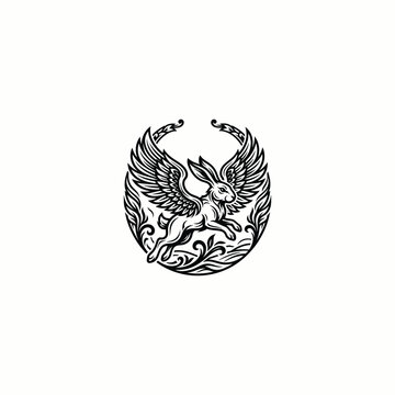 Winged Rabbit Crest Mythical Woodcut Illustration