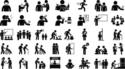 Obraz premium Set of medical and healthcare icons including doctor, patient, checkup, hygiene, healthy lifestyle, and community health services
