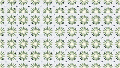 Fototapeta premium Geometric seamless pattern showcases symmetrical green rosettes decorated with dark blue dots on a white background.