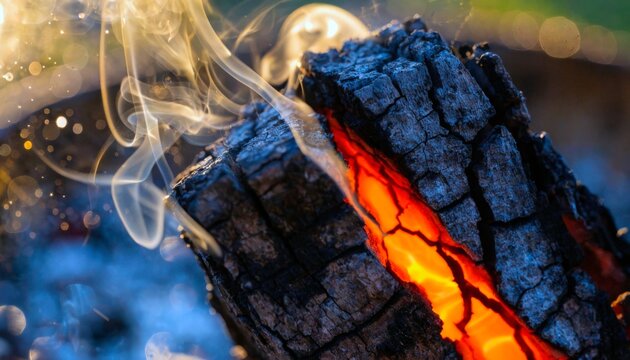 Glowing burnt wood with smoke rising in an outdoor setting during nighttime