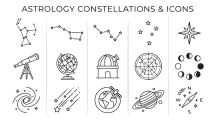 Astrology constellations and icons set, celestial astronomy vector elements, black line art space symbols for zodiac and science design © Rosie
