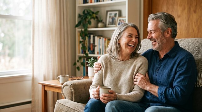 Happy Senior Couple Laughing and Relaxing Together at Home on the Sofa