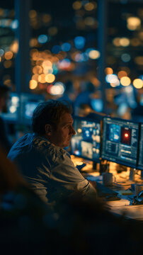 A professional working at a desk with multiple monitors, one of which shows a flashing alert about a cyber attack. The office environment is dark and tense, with significant copy space for