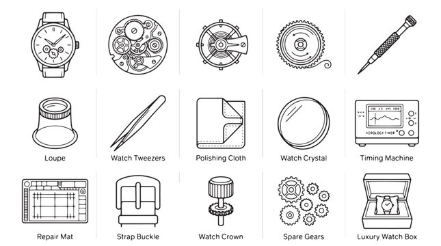 Watchmaker tools and horology equipment icons, 15 professional watch repair service vector elements, clockwork maintenance and jewelry workshop set