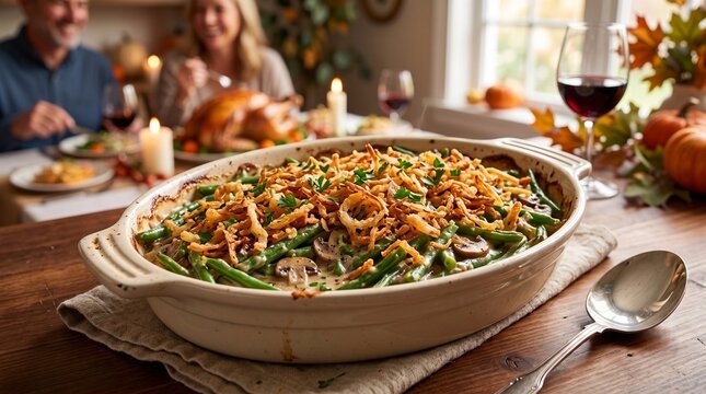 Homemade green bean casserole with crispy onions on Thanksgiving dinner table with family eating in background