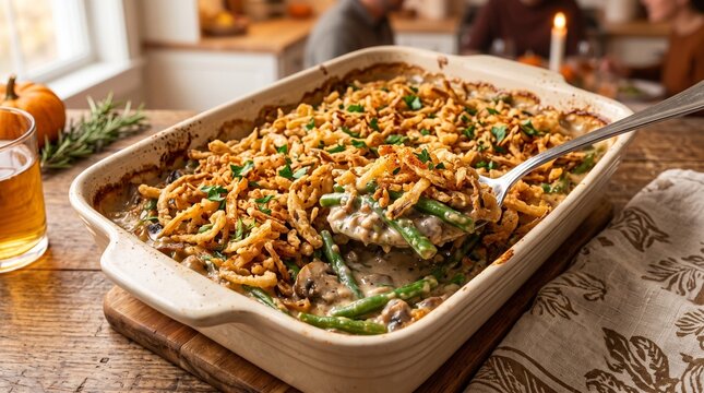 Traditional green bean casserole with crispy fried onions served for Thanksgiving holiday dinner