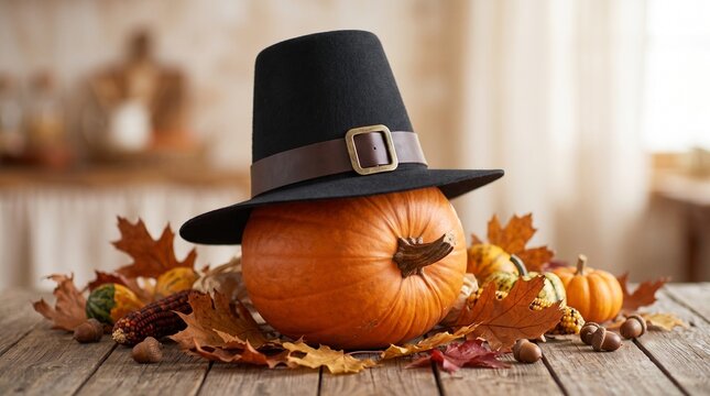 Thanksgiving pumpkin wearing a pilgrim hat on a rustic wooden table with autumn leaves for holiday decoration