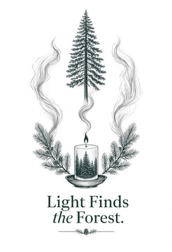 Elegant candlelit forest wreath with pine tree design. Hand-drawn winter holiday illustration for festive branding and decor.