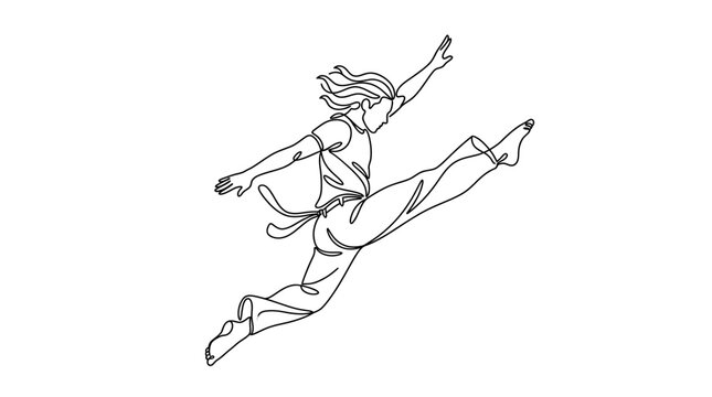 Capoeira dancer executes an airborne kicking move depicted through a single continuous line drawing.
