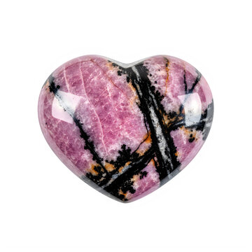 Polished rhodonite gemstone heart shaped on transparent background with shape with shape