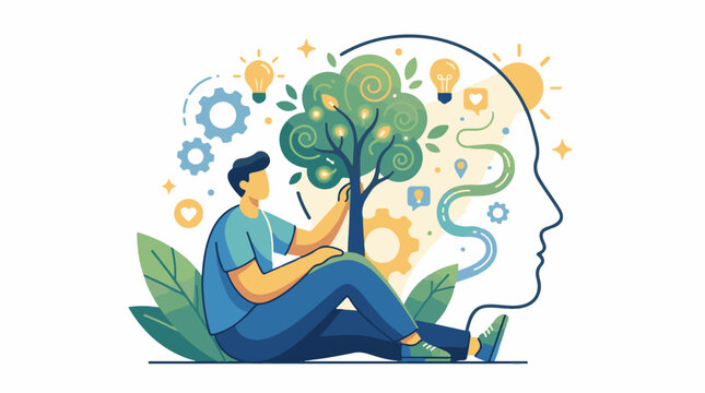 Person tending to a thought tree inside a profile outline