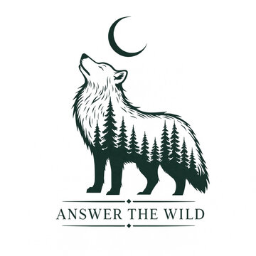 Minimalist wolf howling at crescent moon illustration. Silhouette of wild animal spirit answering nature's call in black and white vector art.