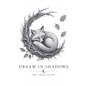 Sleeping fox in decorative nest illustration. Artistic wildlife drawing with dreamy botanical wreath and soft shadows.