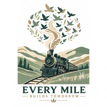 Vintage steam locomotive traveling through scenic countryside. Retro train journey illustration with motivational quote for success and progress.