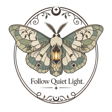 Hand-drawn vintage moth illustration with inspirational quote. Delicate ink sketch of luna moth on circular frame with calligraphy text.