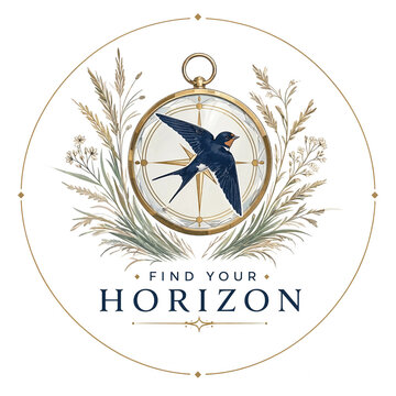 Vintage compass with bird and wheat wreath logo design. Retro navigation emblem for travel, adventure, and exploration branding.