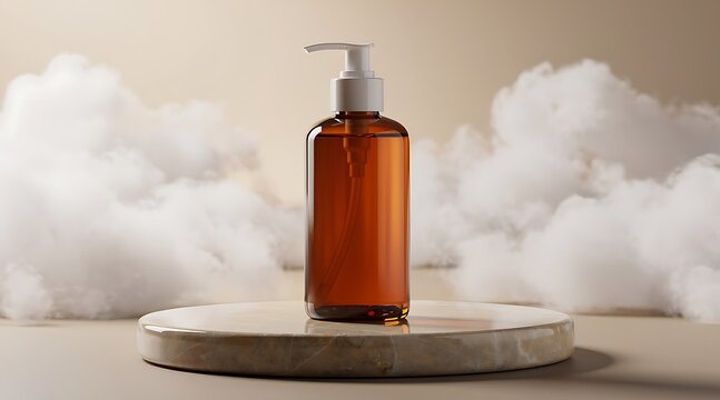 Amber glass pump bottle with white foam clouds on a stone pedestal.