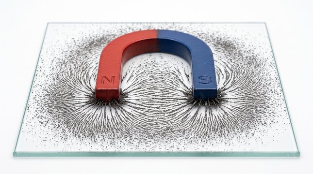 Red and Blue Horseshoe Magnet Showing Magnetic Field Lines with Iron Filings on Glass Plate