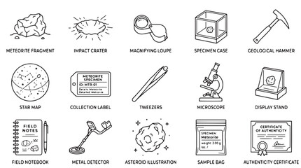 Geology and meteorite hunting icon set, 15 linear vector illustrations for space science and mineralogy, asteroid research equipment © Rosie