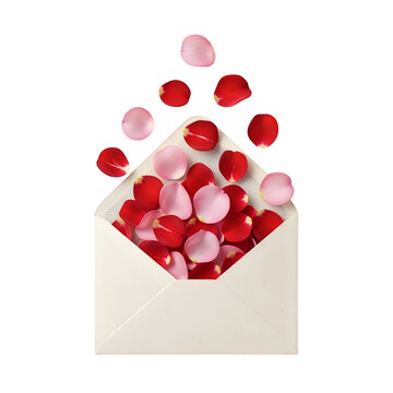 Open envelope filled with red and pink rose petals on transparent background with vibrant red soft