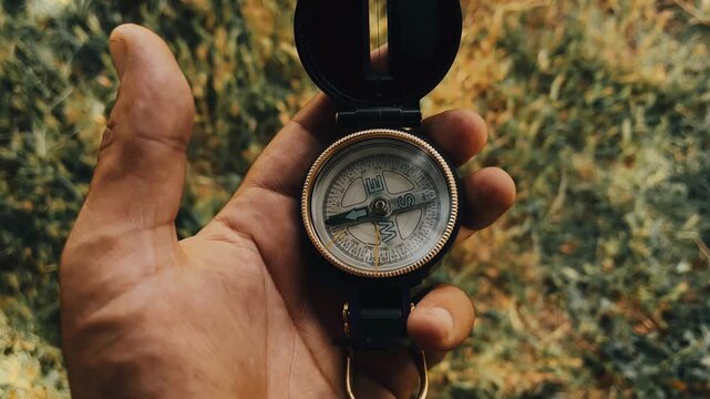 Close-up of a Compass Held in Hand Outdoors