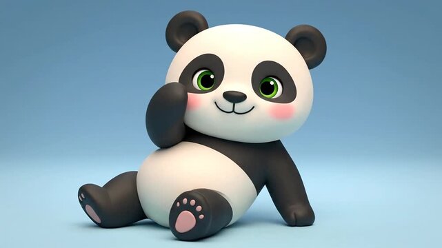 A cute cartoon panda sits happily on a soft blue background