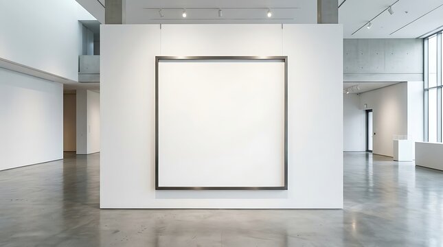A large empty white frame hanging on a clean gallery wall for artwork display.