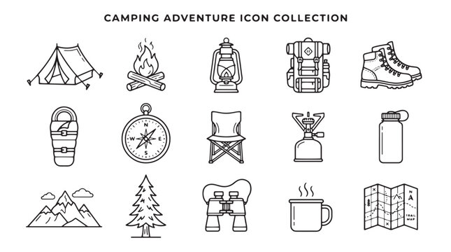 Camping adventure icon collection, 15 outdoor hiking line icons, minimalist mountain trekking equipment set, black and white travel vector graphics