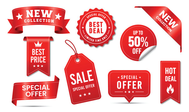 Red Sale Label Ribbon Set, New Collection Banner, Price Discount Sticker, Product Promotion Badge, Special Offer 3D Emblem, Corner Ribbon, Header Tag, Vector Isolated Collection