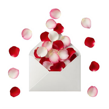 Open white envelope overflowing with red with isolated transparent background rose petals isolated