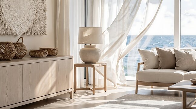 Bright living room with ocean view and natural light.
