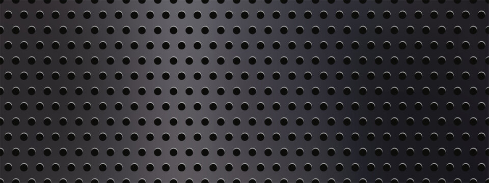 Black perforated steel background with realistic metal plate texture and mesh pattern. Seamless silver sheet with circle hole grate for industrial panel abstract tech bg and geometric wall.