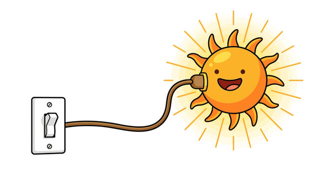Cartoon Sun Character Plugged into Light Switch, Solar Power Concept