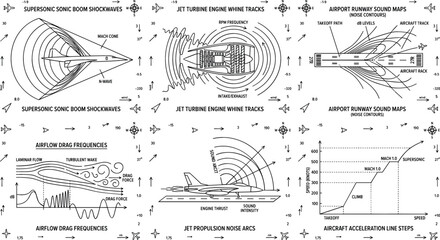Obraz premium Supersonic Aircraft Sound and Airflow Diagram Set with Sonic Boom, Jet Engine Noise, Runway Maps, and Acceleration Charts for Aerospace Infographics