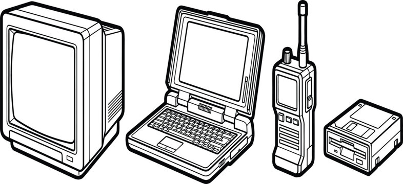 Retro Tech and Vintage Electronic Hardware Vector Set with CRT Monitor, Old Laptop, Cell Phone Walkie Talkie, and Floppy Disk Drive Icons