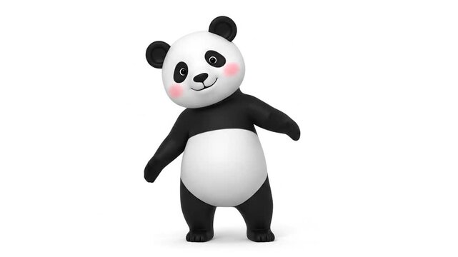 A cute cartoon panda stands and waves with a friendly smile
