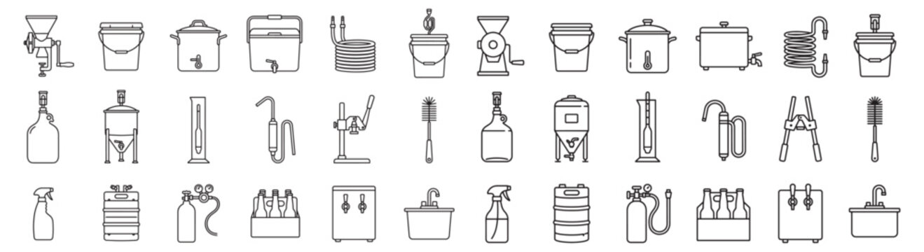 Home Brewing Equipment Icons Set - Line Art Beer Brewing Tools, Fermenter, Kettle, Keg and Bottling Graphics 